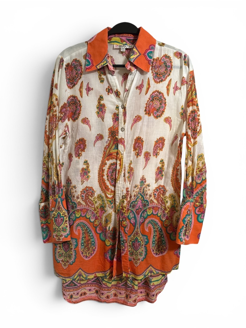 Vintage-Inspired Shirt Dress Paisley Button-Up Shirt Orange Multi Large tapered